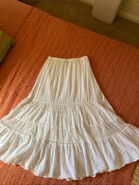 Boho Beach Cotton White Tiered Cotton Maxi Broom Skirt with Lace Inserts
